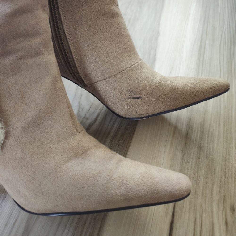 Tan Suede And Faux Fur Pointed Toe Stiletto Boots Women's 7.5 - Picture 6 of 15